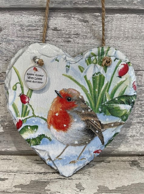 White robin hanging slate heart