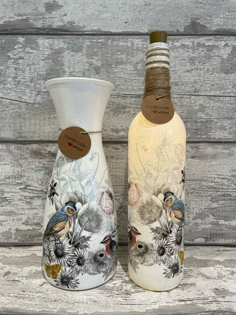 Bird and rose vase and light up bottle set