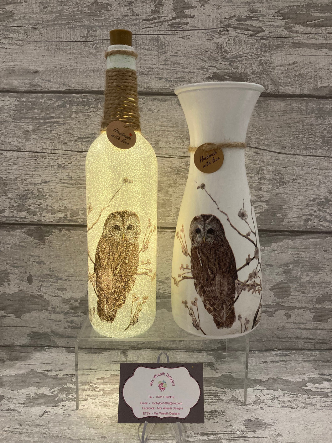 Owl light up bottle and matching vase