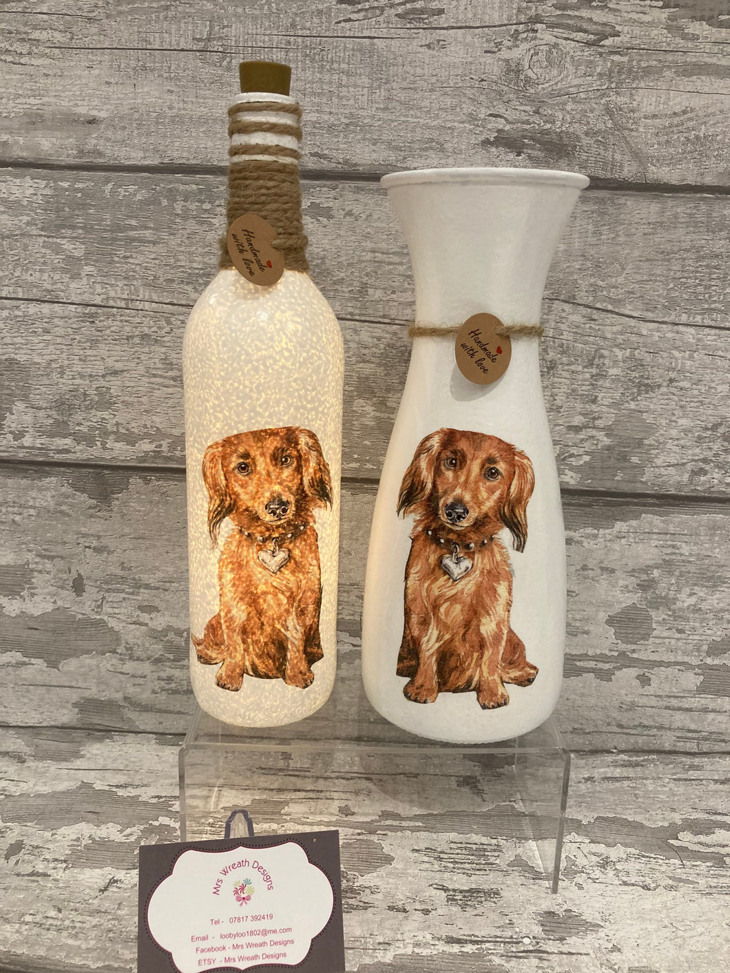 Brown dachshund vase & light up bottle