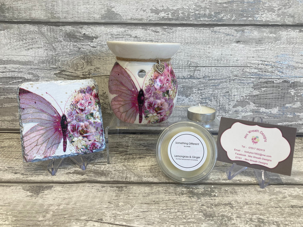 Pink butterfly wax burner gift set