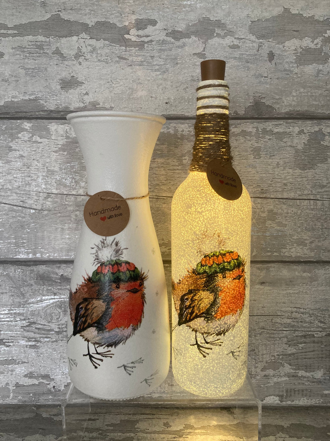 Robin in hat vase and light up bottle set